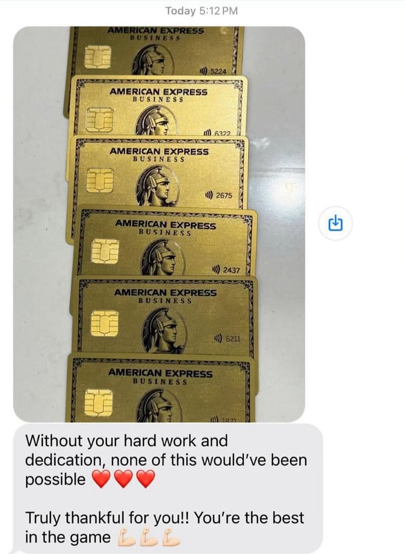 Multiple American Express Business Gold cards with client gratitude: 'You're the best in the game'