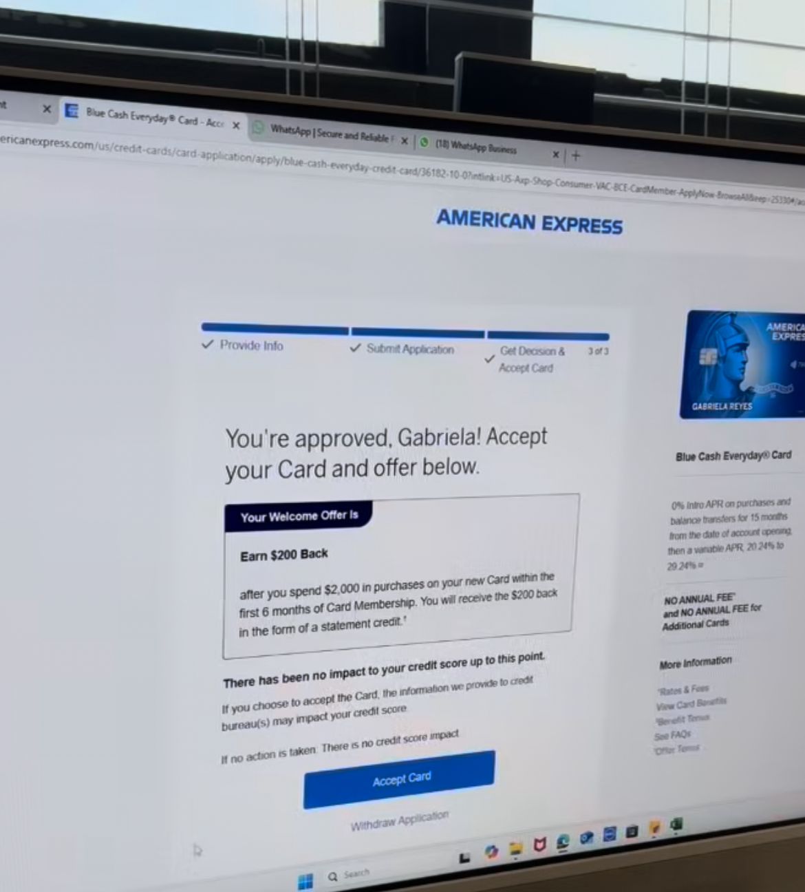 American Express Blue Cash Everyday Card approval for Gabriela with $200 bonus