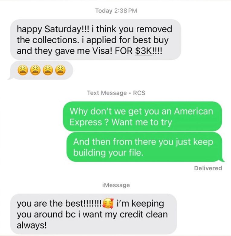 Client celebrating Best Buy Visa approval for $3K: 'you are the best!!! i want my credit clean always!'