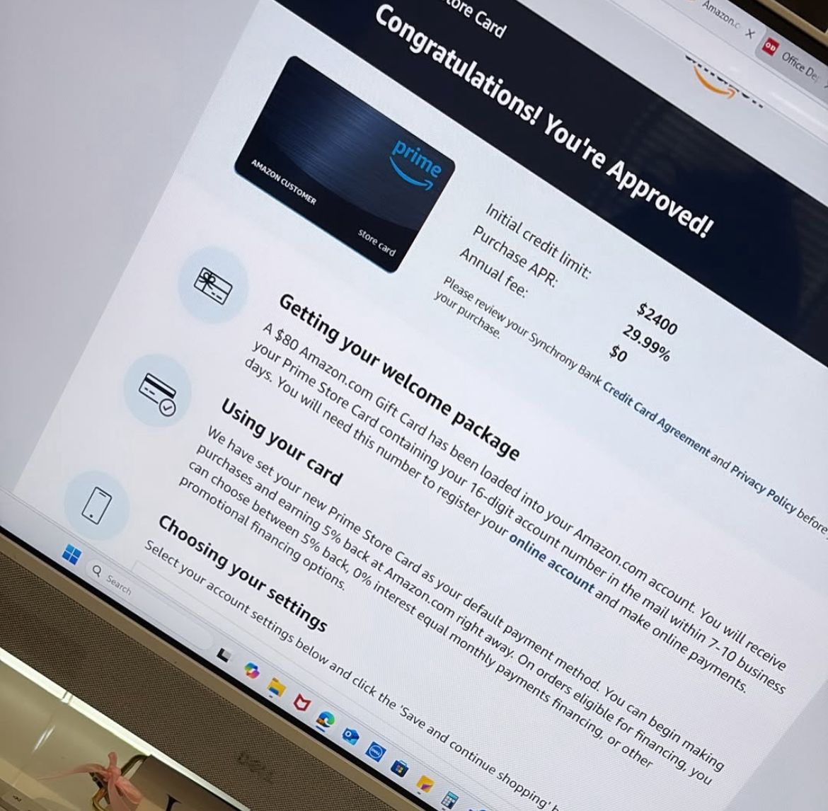 Amazon Prime Store Card approval with $2400 initial credit limit