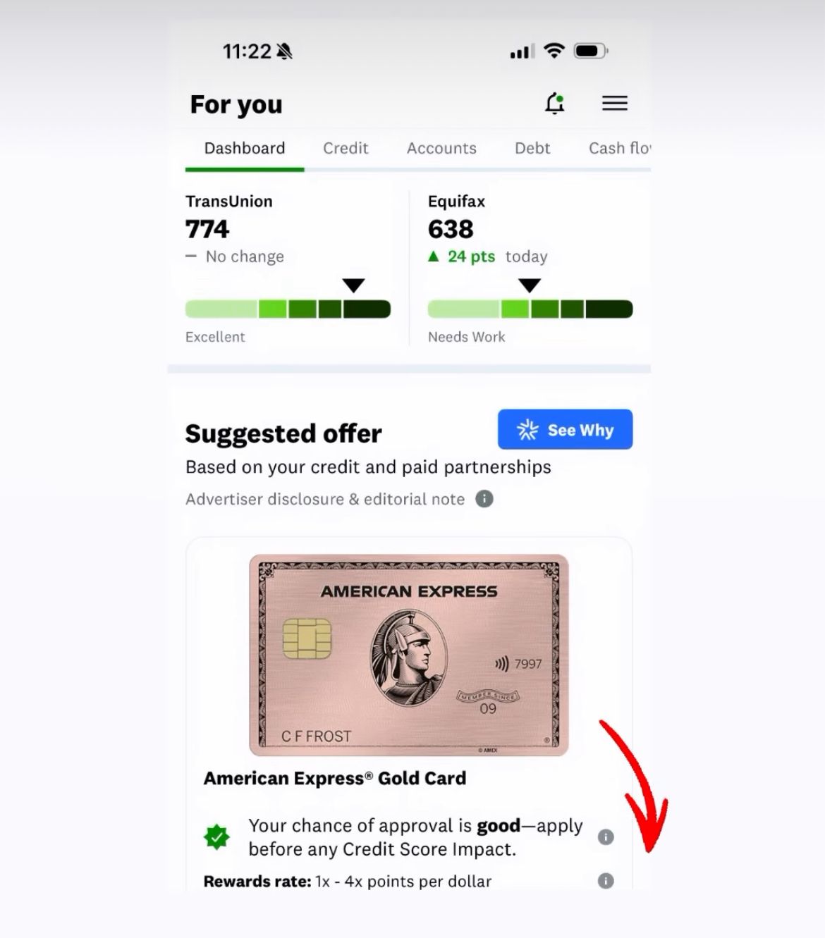 TransUnion 774 (Excellent) and Equifax 638 with American Express Gold Card approval