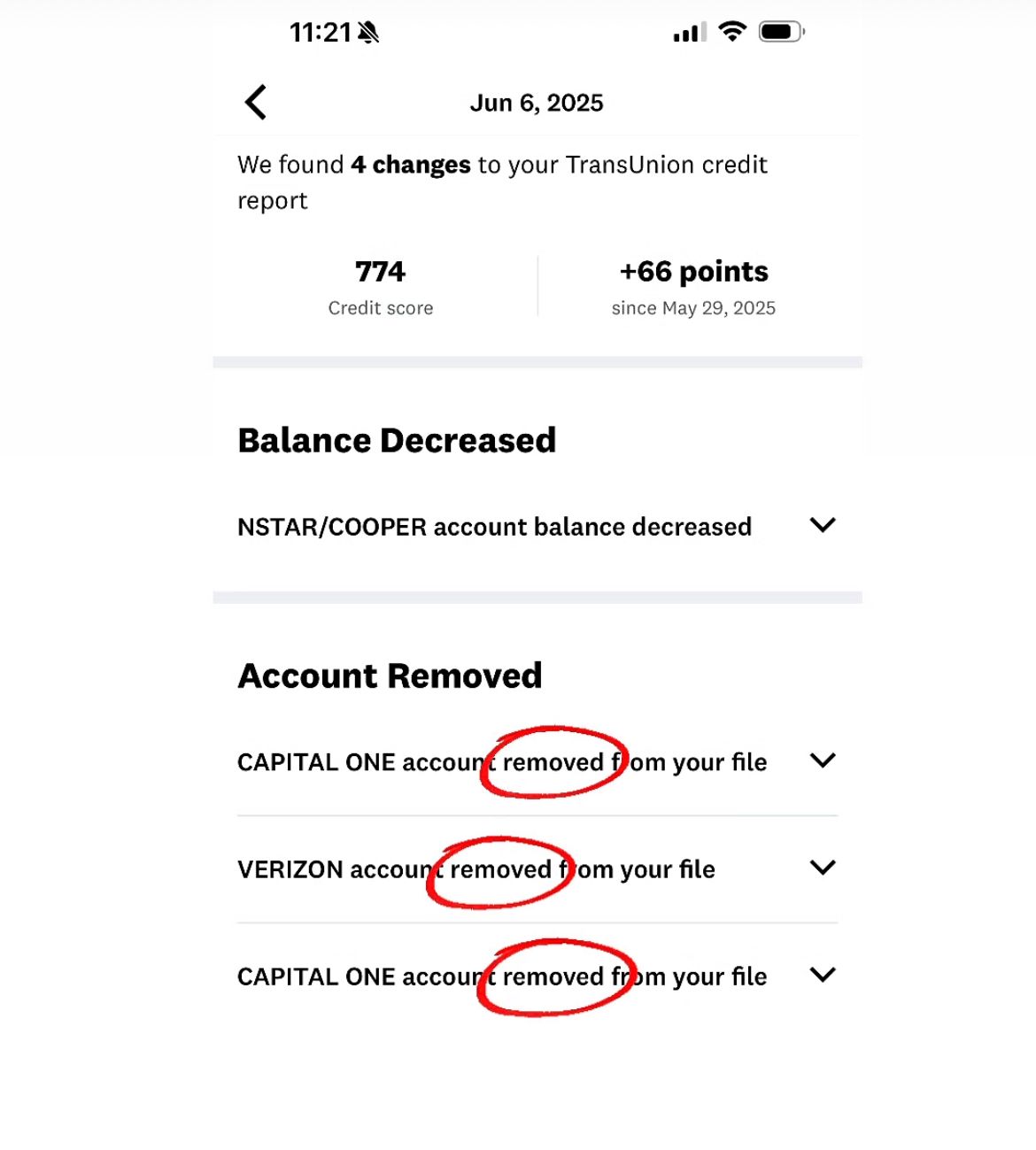 TransUnion 774 credit score (+66 points) with multiple account removals