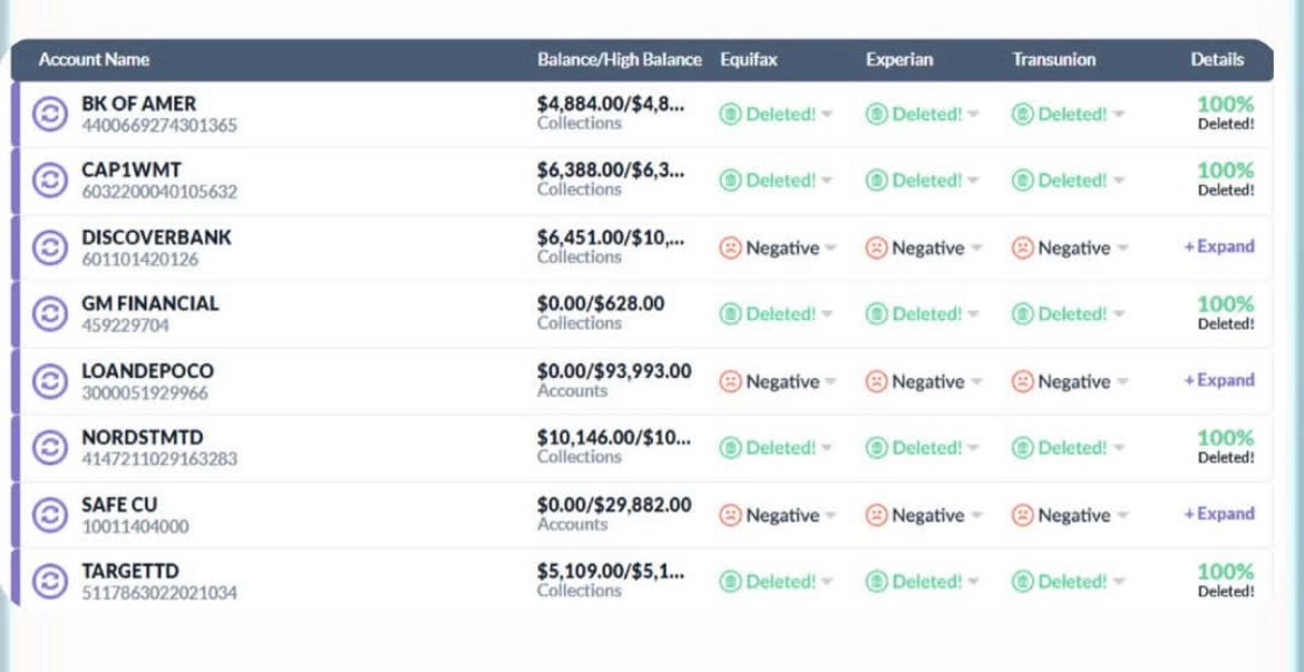 Multiple deleted accounts with 100% deletion rates across all bureaus