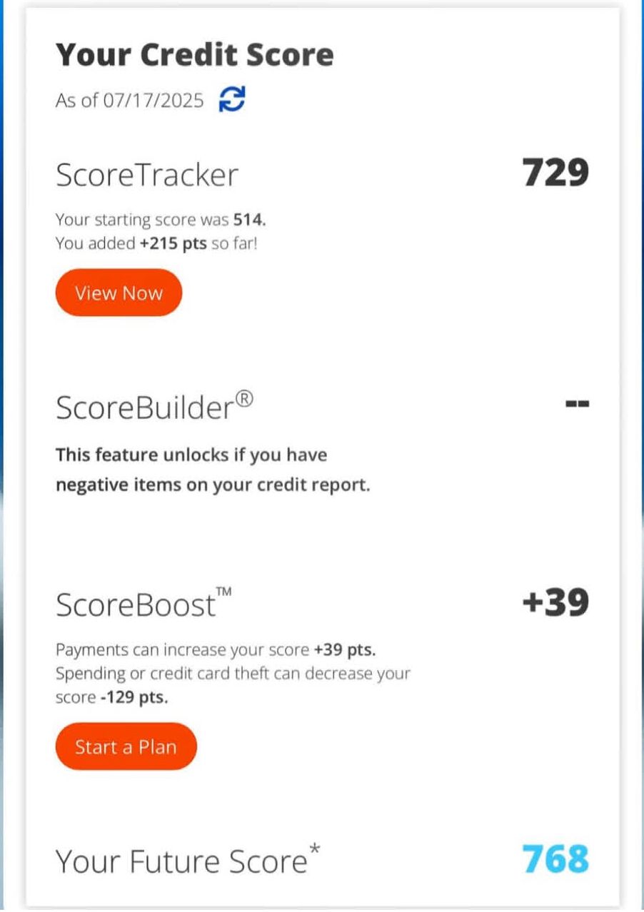 Credit score 729 (started at 514, added +215 points) with future score 768