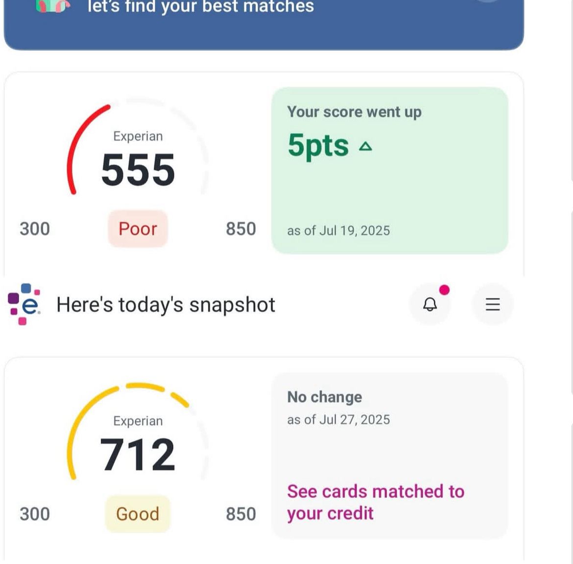 Credit score improvement from 555 to 712 with 5 point increase