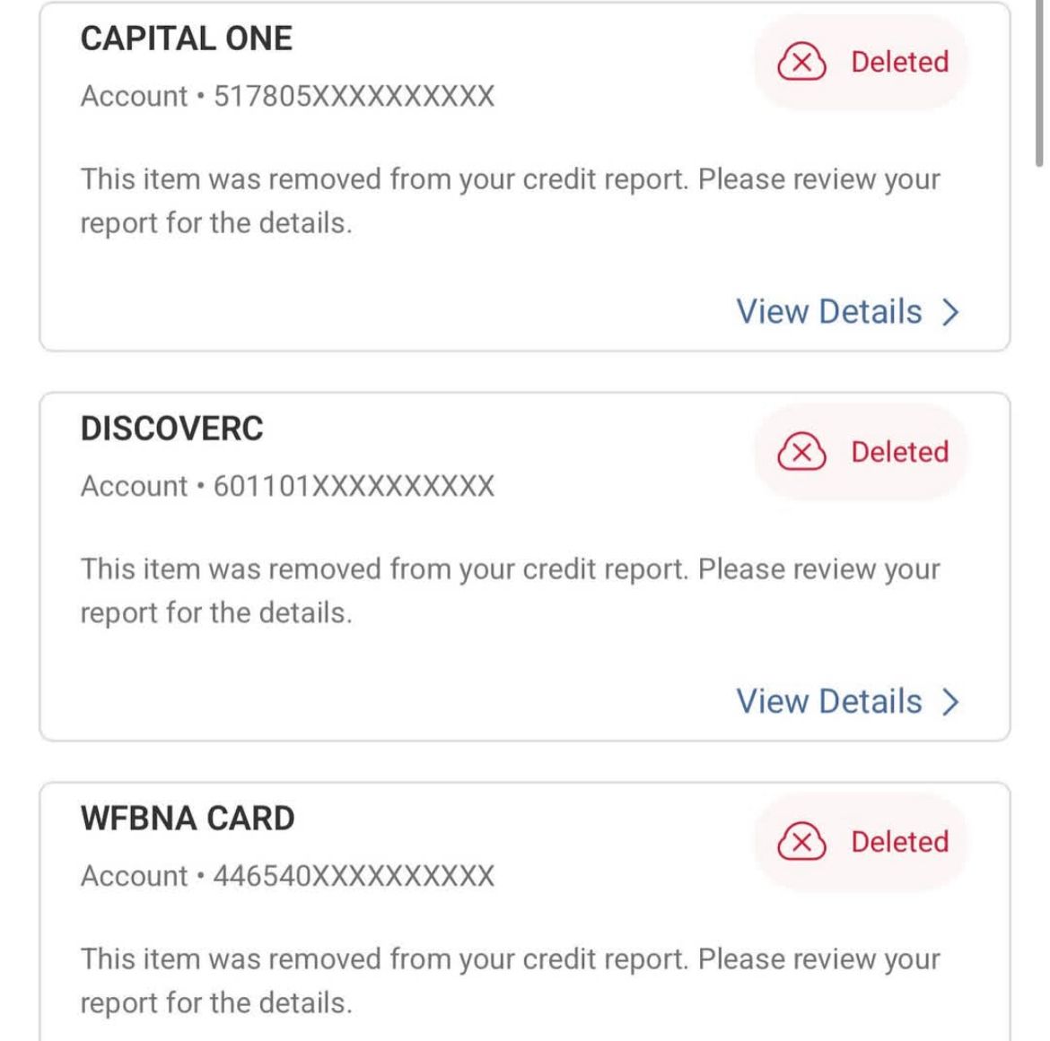 Additional deleted items from major credit cards