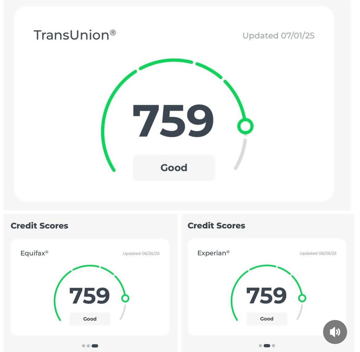 TransUnion 759 credit score across all three bureaus
