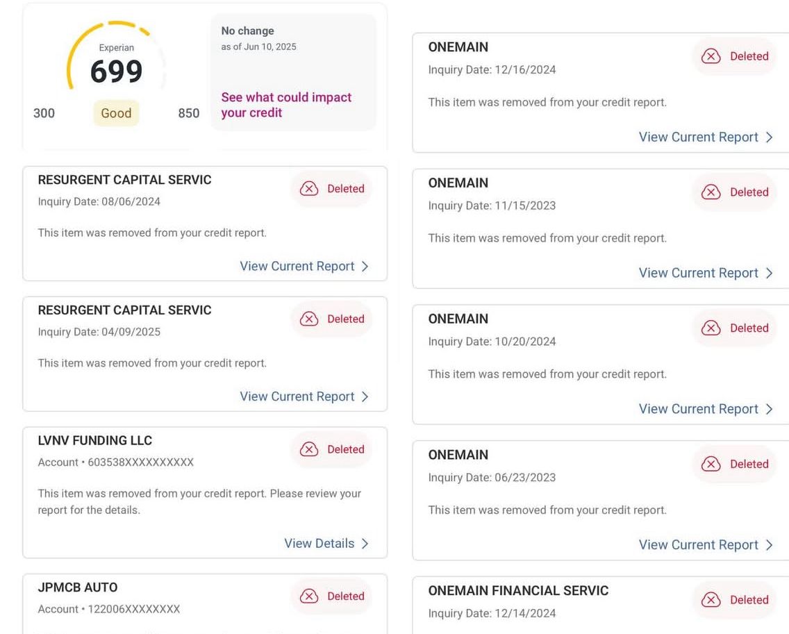 Multiple deleted items including Resurgent Capital and LVNV Funding