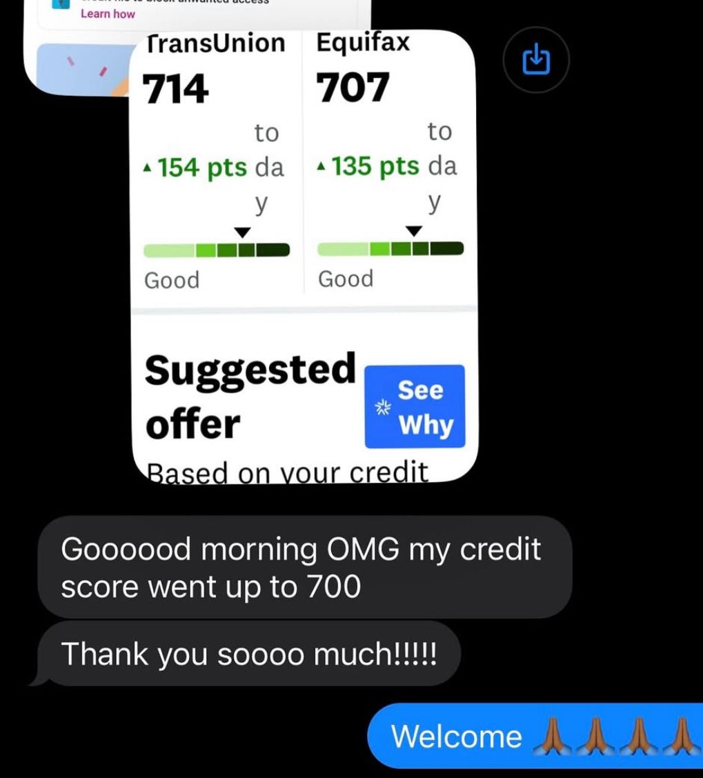 Client celebrating 700+ credit scores: 'OMG my credit score went up to 700'