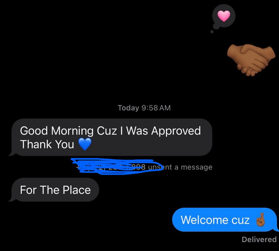 Client text: 'Good Morning Cuz I Was Approved Thank You 💙'