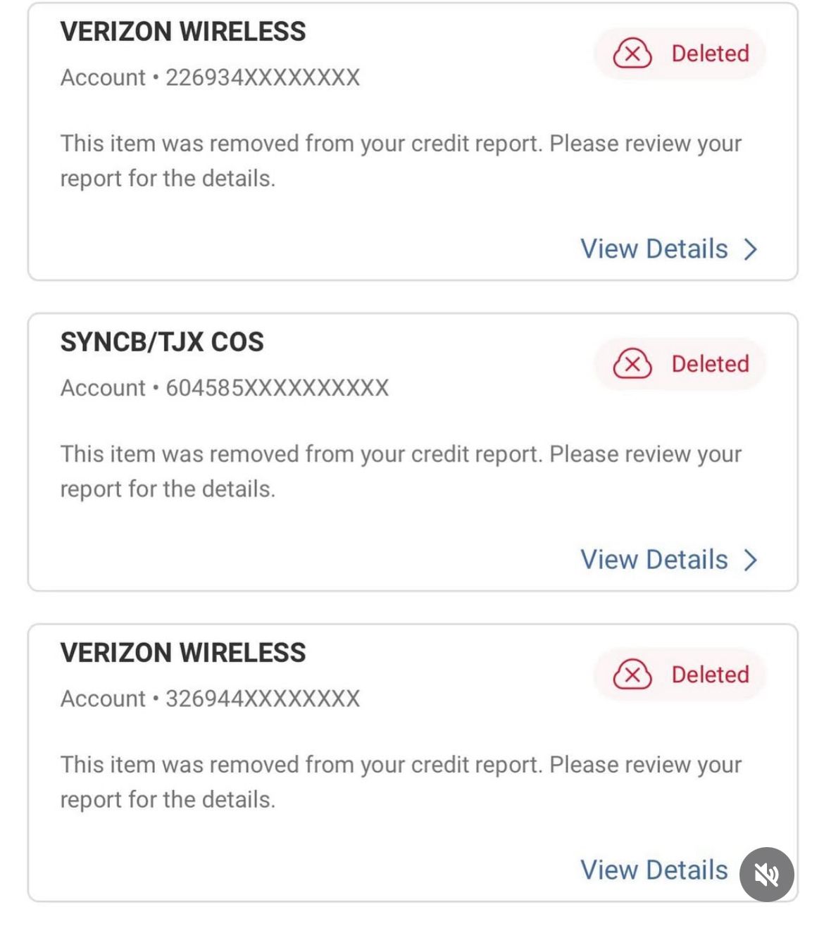 Deleted Verizon Wireless and SYNCB accounts