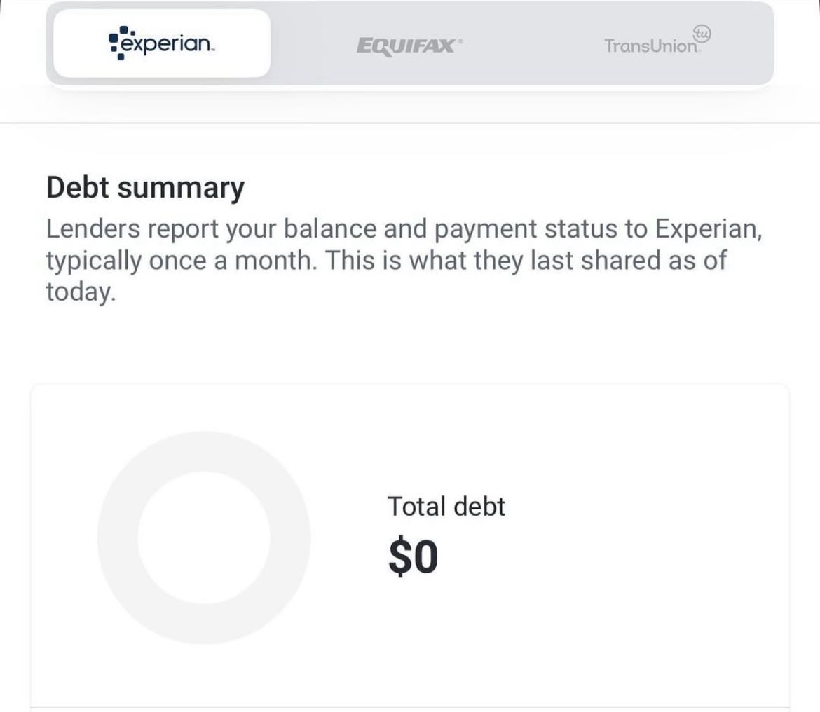 Debt summary showing $0 total debt