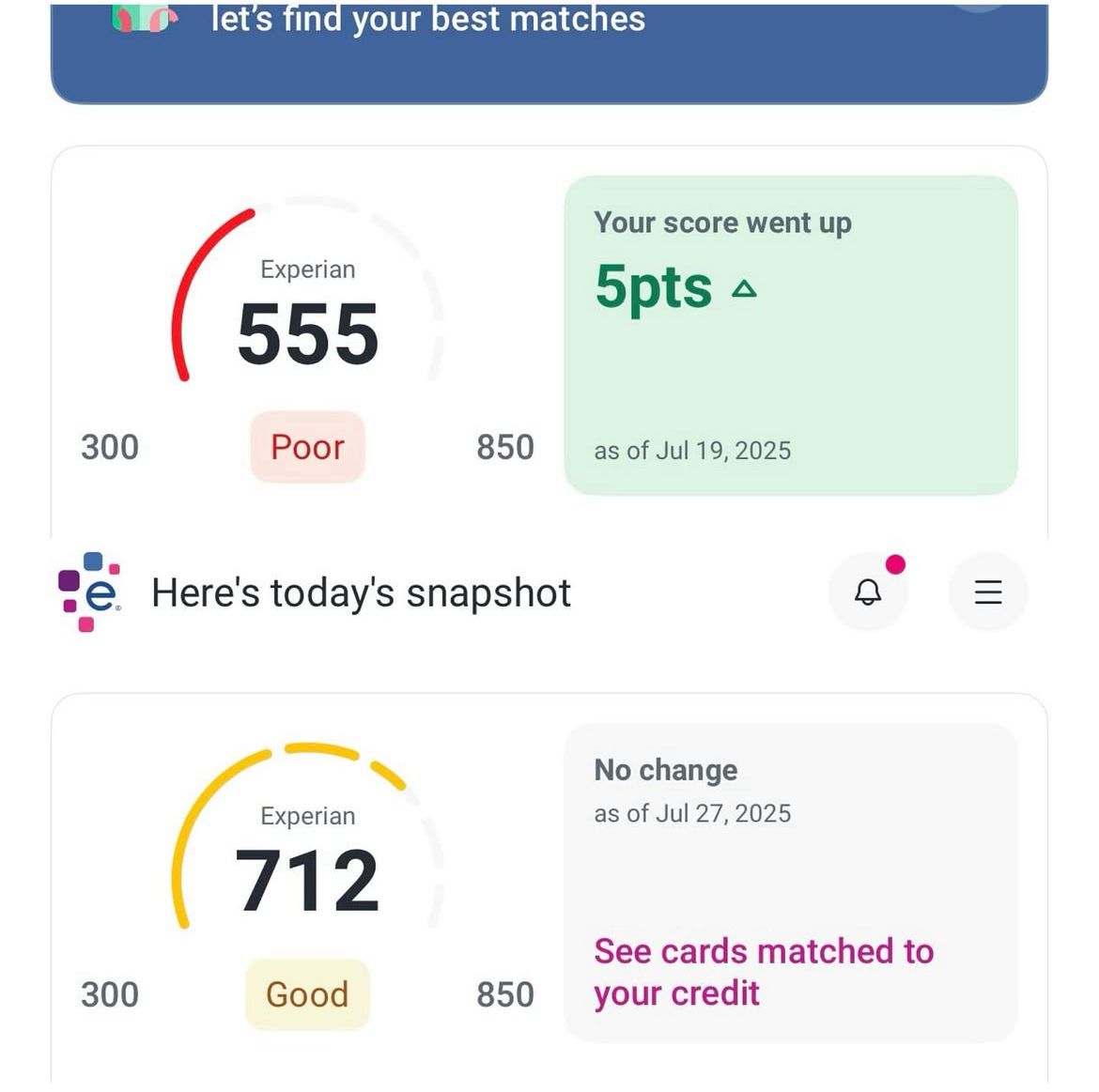 Dramatic improvement from 555 to 712 Experian score