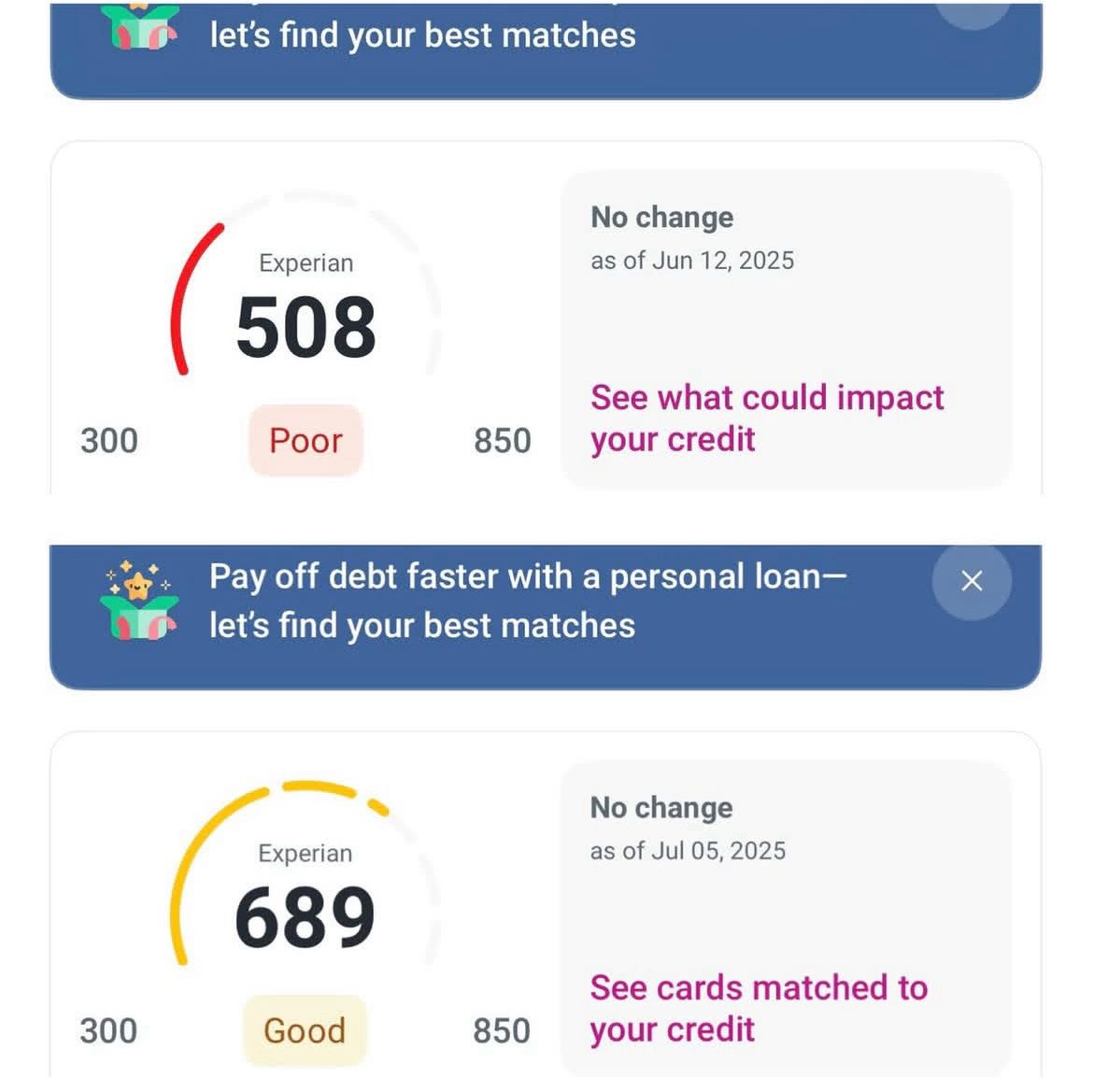 Credit score improvement from 508 to 689