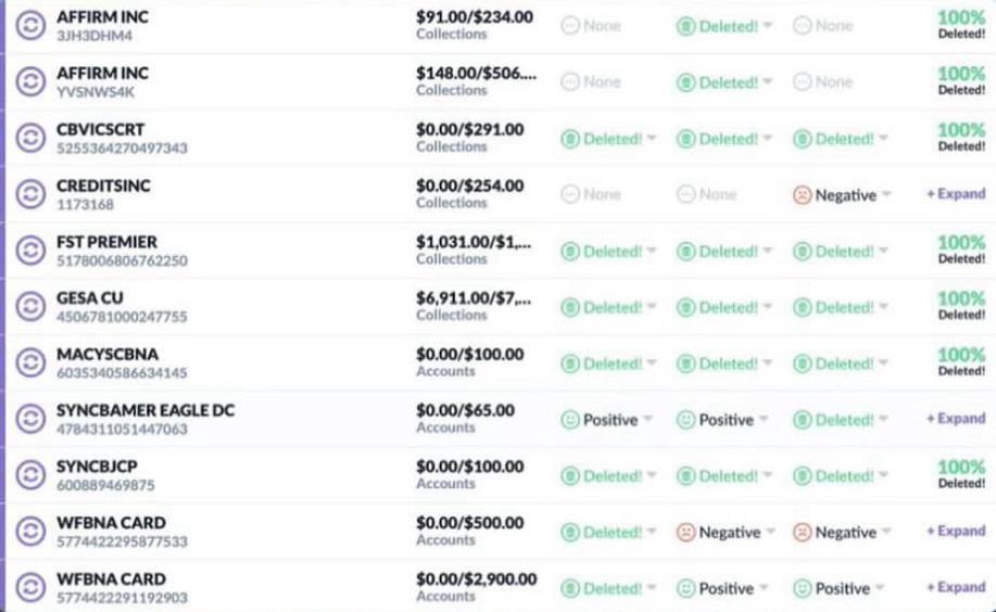 List of deleted collection accounts from client report